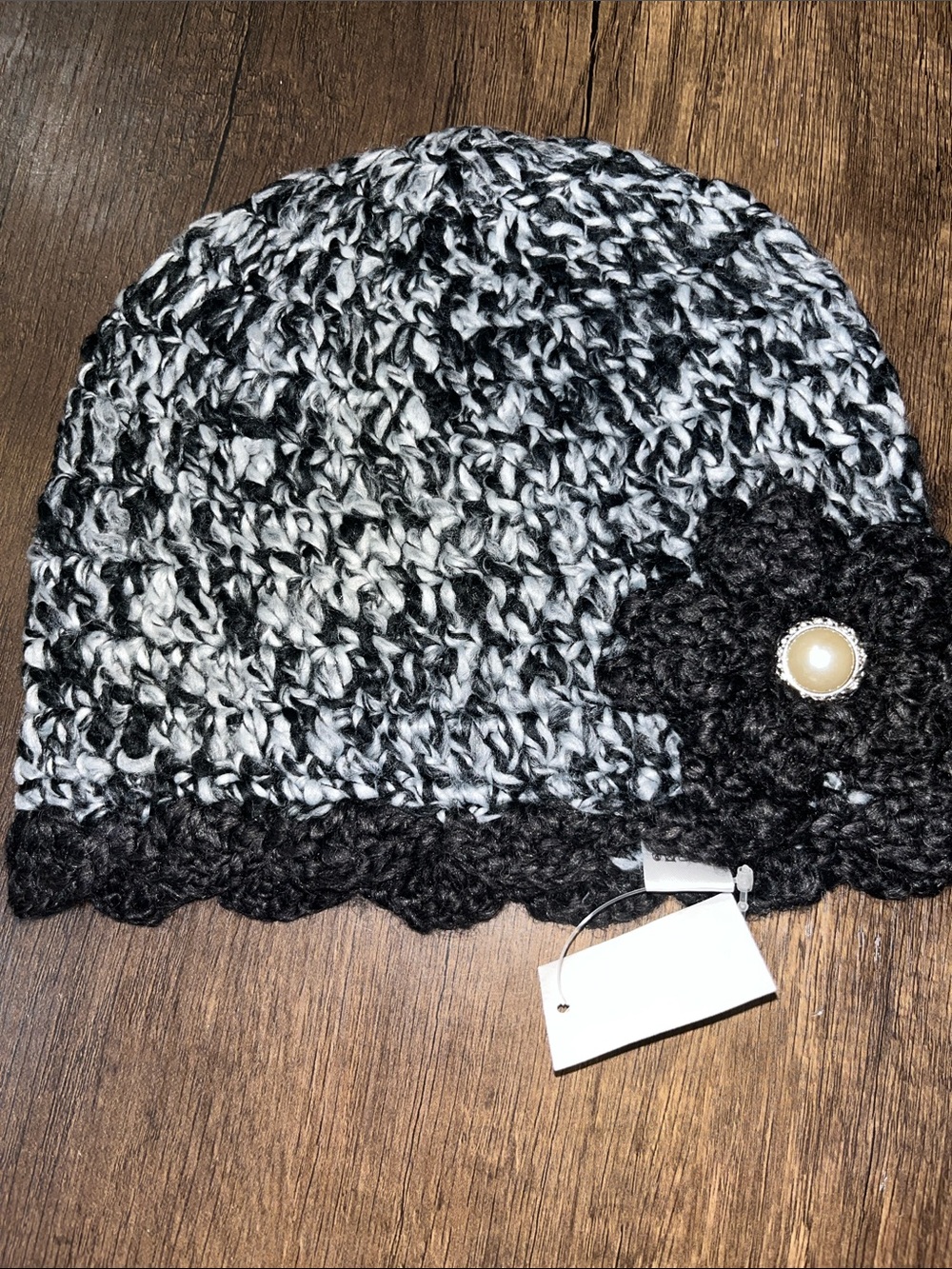 Charlotte Russe Black & White Marled Crochet Beanie with Flower